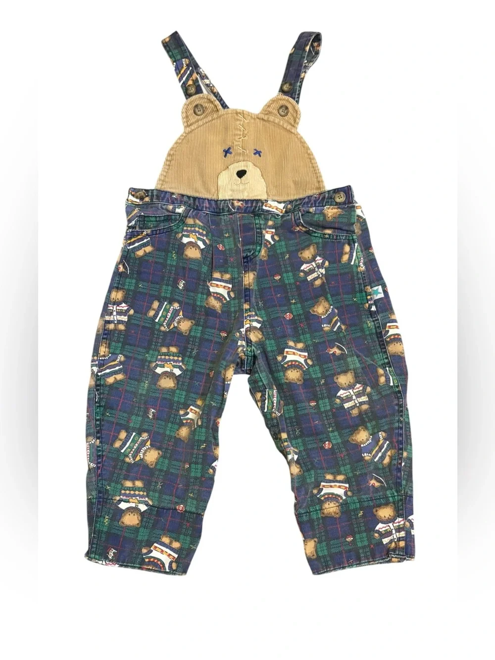 Vintage 90s Little Me Teddy Bear Plaid Overalls 24 Months Corduroy Bib